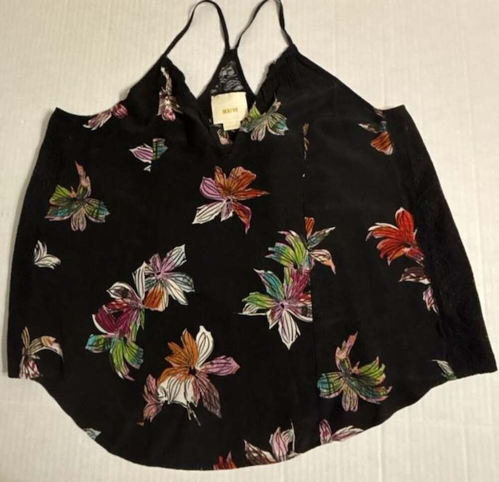 Maeve Anthropologie 100% Silk Black Multicolor Floral Racerback Camisole Tank To